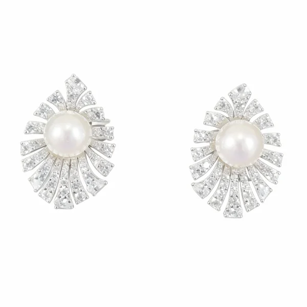 pearl studs with diamonds in sterling silver white 8.5mm