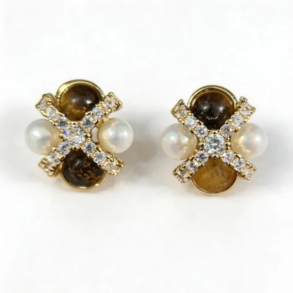 Wang Jewelry diamond stud earrings diamond with pearls in 14k gold 1.5cm