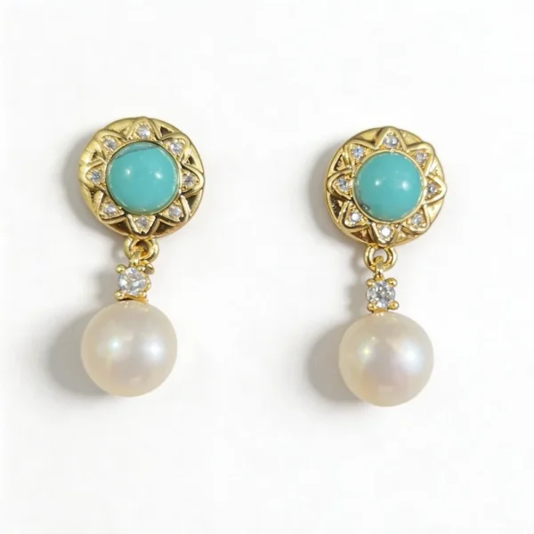 Wang Jewelry earrings with turqupise and pearls in 14k gold 2cm
