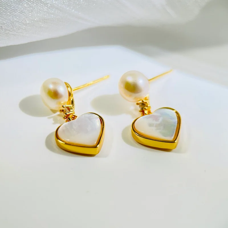 Wang Jewelry gold heart earrings with pearls 2cm
