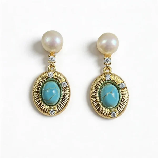 Wang Jewelry gold nugget earrings with pearls and turquoise in 14k gold 2.5cm