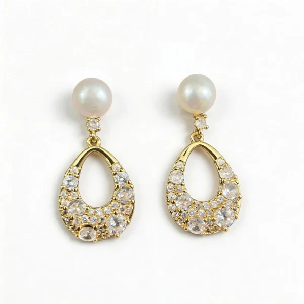 Wang Jewelry handmade earrings with pearls and CZ diamonds in 14k gold 2.8cm