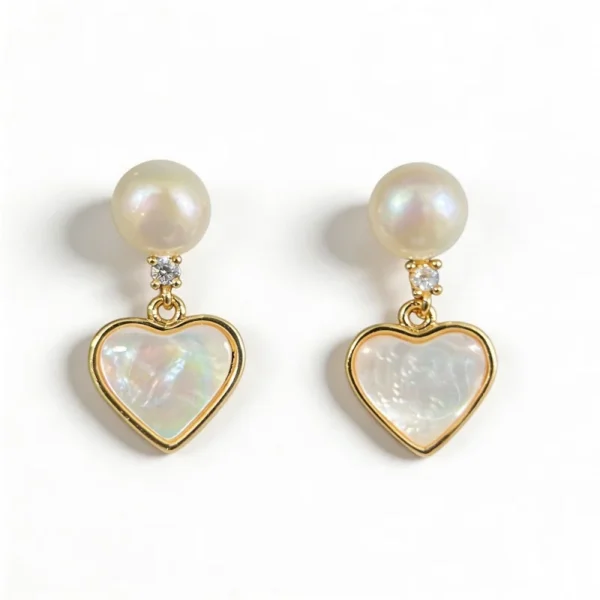 Wang Jewelry heart earrings with pearls in 14k gold 2cm