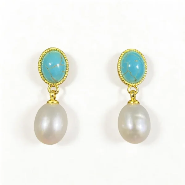 Wang Jewelry pearl drop earrings with turquoise in 14k gold 2.2cm