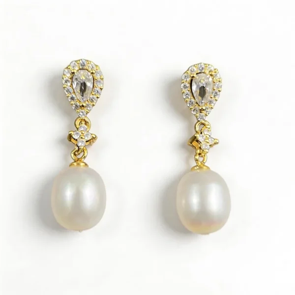 Wang Jewelry wedding earrings with pearls and CZ diamonds in 14k gold 2.5cm