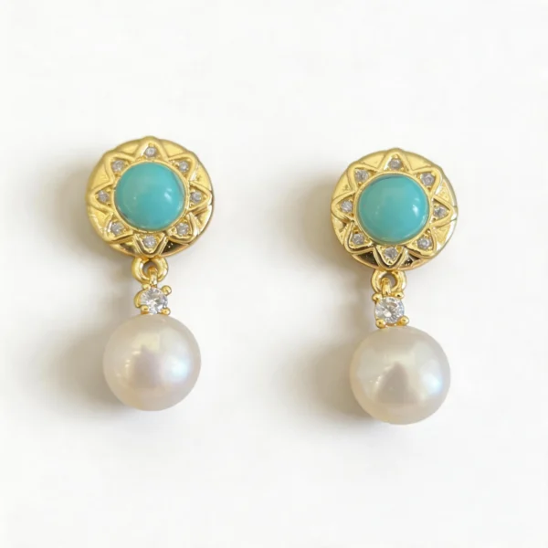 Wang Jewelry earrings with turqupise and pearls in 14k gold 2cm