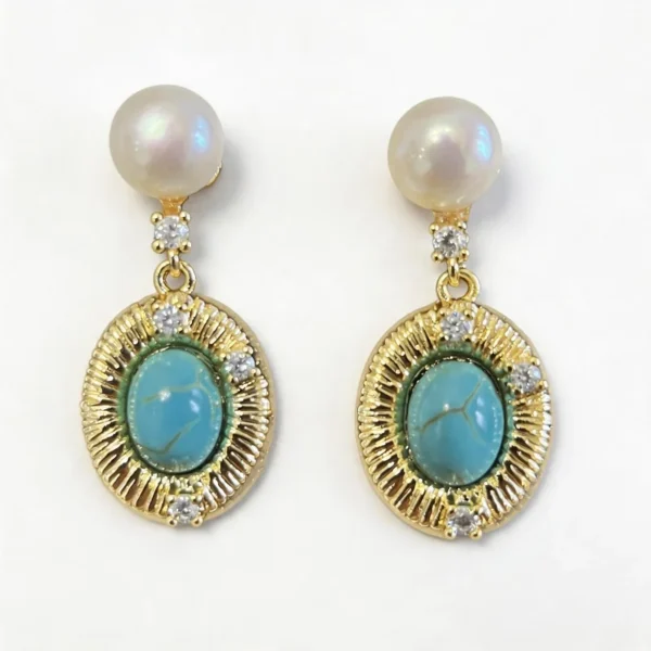 Wang Jewelry gold nugget earrings with pearls and turquoise in 14k gold 2.5cm