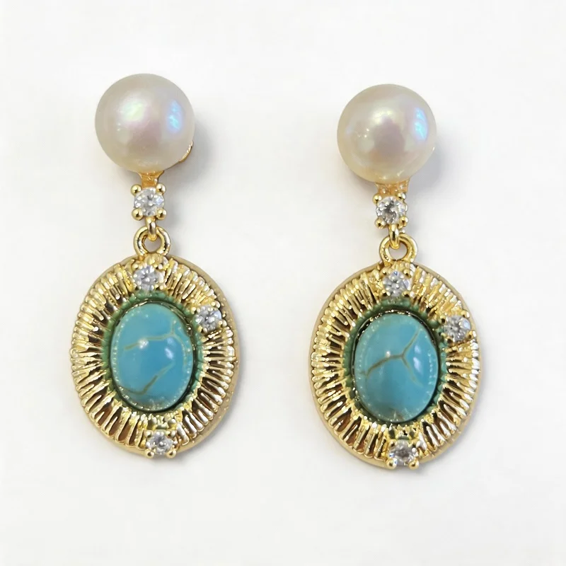 Wang Jewelry gold nugget earrings with pearls and turquoise in 14k gold 2.5cm