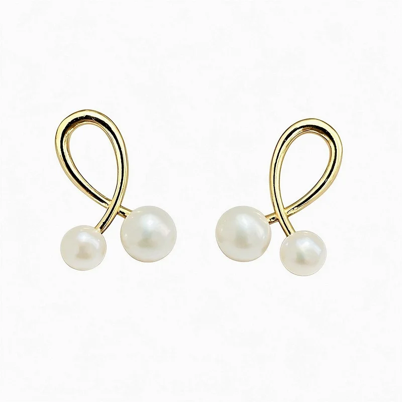 18K Gold Double Pearl Stud Earrings for Women